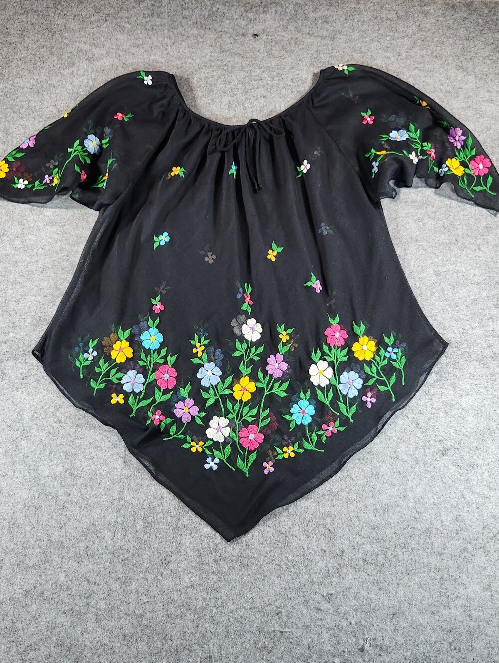 Vintage Black Floral Shear Peasant Top Medium